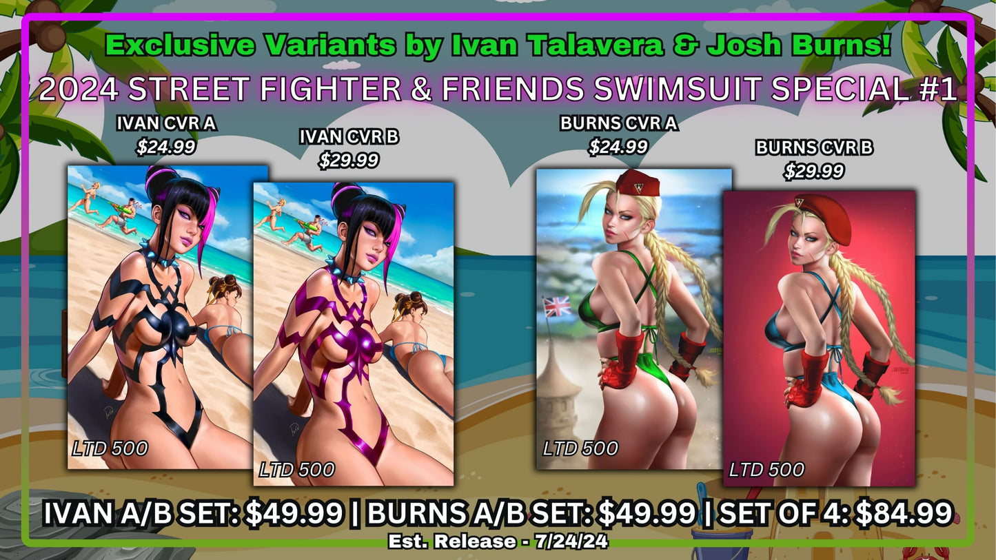 2024 STREET FIGHTER & FRIENDS SWIMSUIT SPECIAL #1 COVERS BY TALAVERA AND BURNS