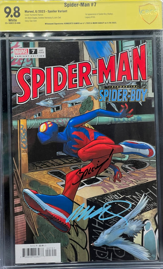 Spider-Man #7 Spoiler Variant CBCS 9.8 Yellow Label DUAL SIGNED~ Ramos & Bagley