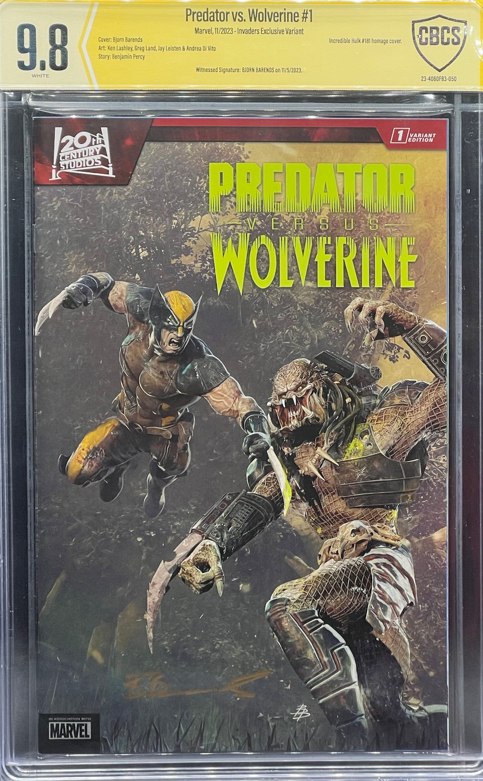 Predator vs. Wolverine #1 Invaders Exclusive Variant CBCS 9.8 Yellow Label Bjorn Barends