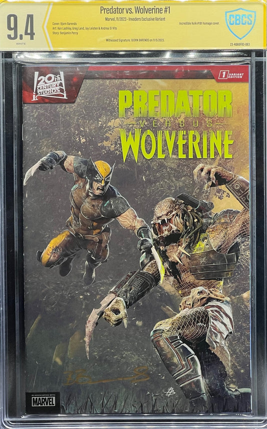 Predator vs. Wolverine #1 Invaders Exclusive Variant CBCS 9.4 Yellow Label Bjorn Barends
